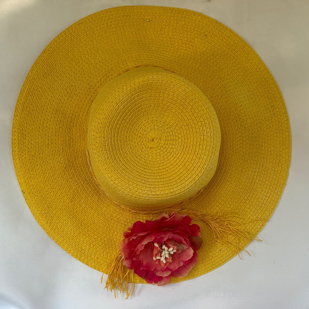 GENTLY WORN LOVE CULTURE YELLOW SUN HAT WITH PINK FLOWER ACCENT- - Picture 1 of 11